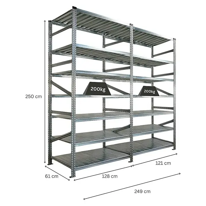 Proregal Metallregal Fachbodenregal PROXIMO 1x Grundregal + 1x Anbauregal - Traglast pro Boden: 200 kg, Anzahl Böden: 7 Stk., Stecken, Verzinkt - Ein stabiles Metallregal mit mehreren Ebenen, ideal für Lagerung und Organisation, mit Gewichtsangaben zur Belastbarkeit.