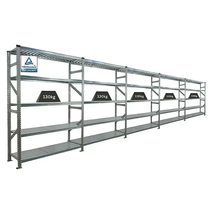 Proregal Metallregal Fachbodenregal PROXIMO 1x Grundregal + 4x Anbauregal - Traglast pro Boden: 130 kg, Anzahl Böden: 5 Stk., Stecken, Verzinkt - Schwerlastregal mit mehreren Ebenen, belastbar bis zu 130kg. Ideal für Lager und Werkstatt, TÜV-Rheinland zertifiziert.\n