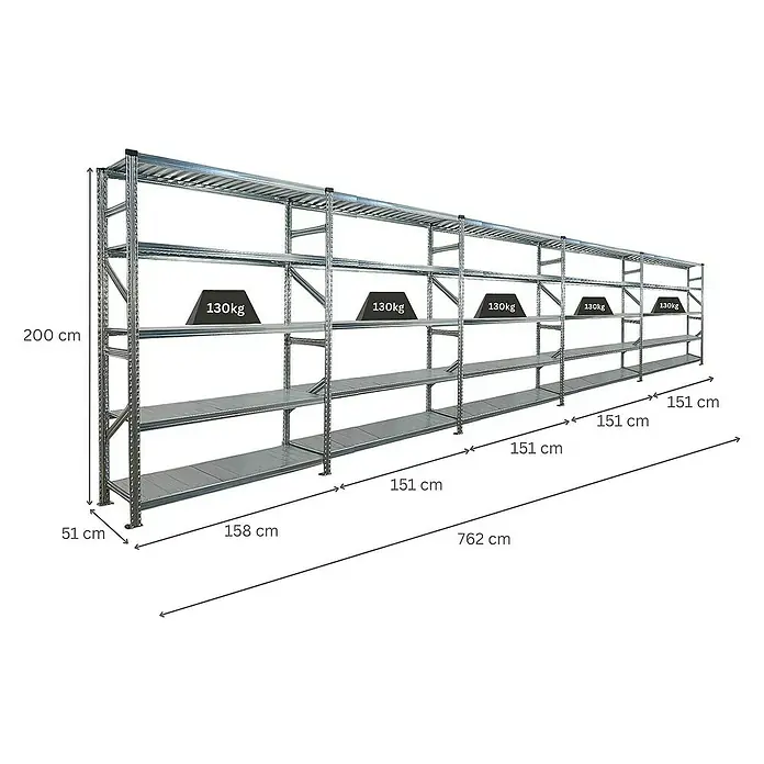 Proregal Metallregal Fachbodenregal PROXIMO 1x Grundregal + 4x Anbauregal - Traglast pro Boden: 130 kg, Anzahl Böden: 5 Stk., Stecken, Verzinkt - Abbildung eines robusten Metallregals mit mehreren Ebenen und Gewichtsangaben.