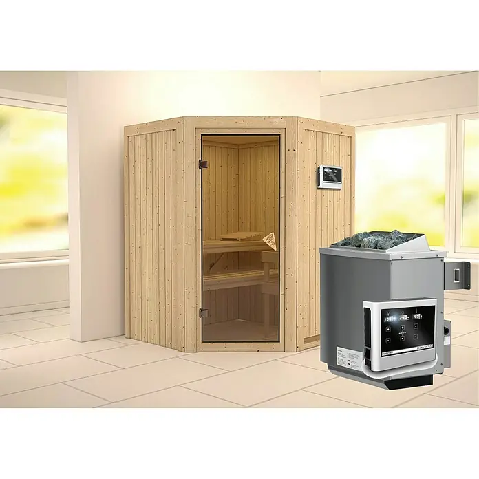 Karibu Elementsauna Larin - Mit 9 kW Ofen mit externer Steuerung, Ohne Dachkranz, L x B x H: 151 x 151 x 192 cm - Das Bild zeigt eine hochwertige Sauna mit einem modernen Saunaofen, ideal für entspannende Wellnessmomente zu Hause.