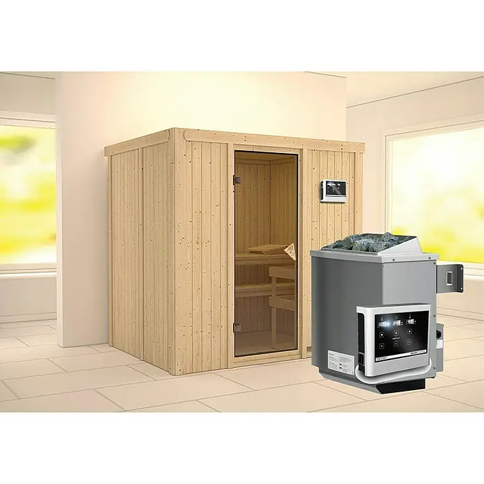 Karibu Elementsauna Bodin - Mit 9 kW Ofen mit externer Steuerung, Ohne Dachkranz, L x B x H: 196 x 151 x 192 cm - Eine stilvolle Sauna mit einem modernen Saunaofen. Das entspannende Wellness-Erlebnis für Zuhause.
