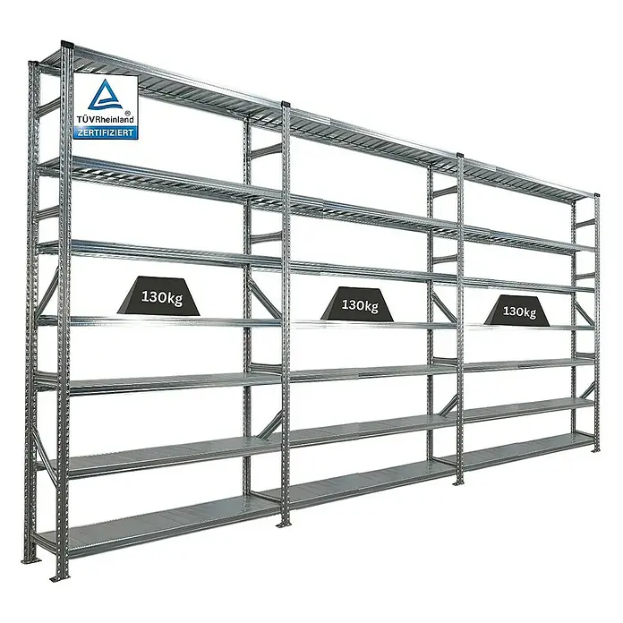 Proregal Metallregal Fachbodenregal PROXIMO 1x Grundregal + 2x Anbauregal - H x B x T: 240 x 150 x 32 cm, Traglast pro Boden: 200 kg, Anzahl Böden: 7 Stk., Stecken, Verzinkt - Bild eines Schwerlastregals mit TÜV Rheinland Zertifizierung und einer Traglast von 130 kg pro Ebene.