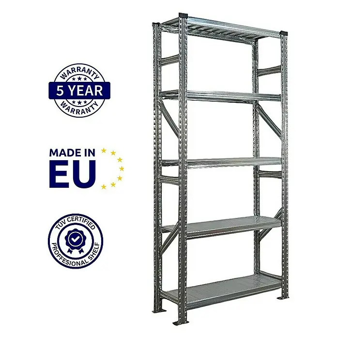 Proregal Metallregal Fachbodenregal PROXIMO Grundregal - Traglast pro Boden: 200 kg, Anzahl Böden: 5 Stk., Stecken, Verzinkt - Bild eines freistehenden Metallregals mit fünf Regalböden, geeignet für Lagerung und Organisation.