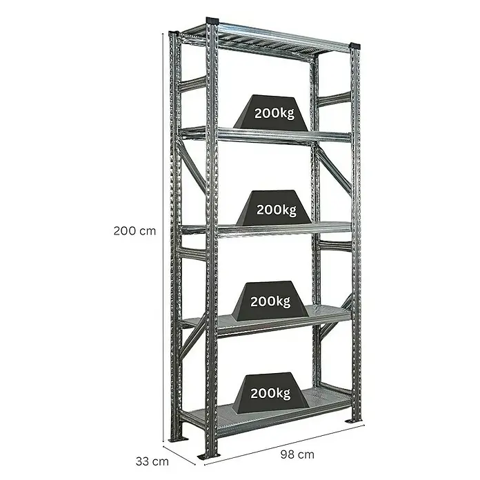 Proregal Metallregal Fachbodenregal PROXIMO Grundregal - Traglast pro Boden: 200 kg, Anzahl Böden: 5 Stk., Stecken, Verzinkt - Abbildung eines Metallregals mit vier Ebenen, auf denen jeweils Gewichte von 200 kg platziert sind.