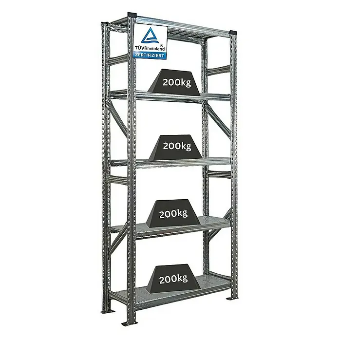 Proregal Metallregal Fachbodenregal PROXIMO Grundregal - Traglast pro Boden: 200 kg, Anzahl Böden: 5 Stk., Stecken, Verzinkt - Ein Regal mit vier Regalböden, beladen mit Gewichten von je 200 kg, zertifiziert durch TÜV Rheinland.