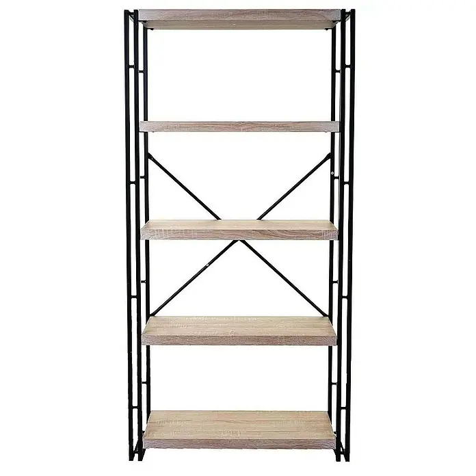 Berlinlodge Holzregal Bücherregal - H x B x T: 165 x 80 x 30 cm, Anzahl Böden: 5 Stk., Aufstellen, Eiche - Ein schlankes Bücherregal mit fünf Holzregalen und einem schwarzen Metallrahmen. Das Bücherregal bietet Stauraum und passt gut in moderne Räume.