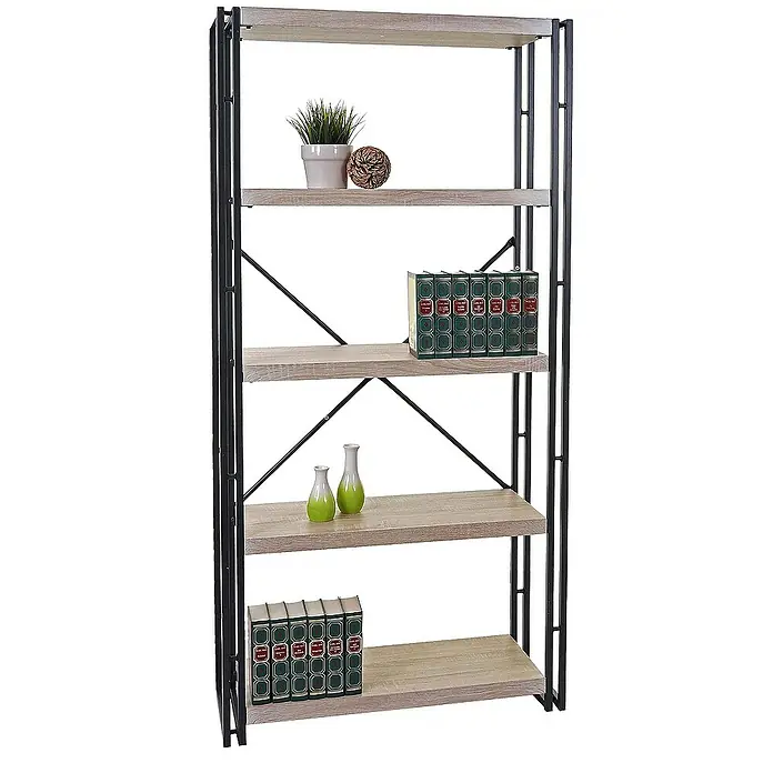 Berlinlodge Holzregal Bücherregal - H x B x T: 165 x 80 x 30 cm, Anzahl Böden: 5 Stk., Aufstellen, Eiche - Ein Regal mit fünf Ablagen, das mit Deko-Artikeln wie Büchern und Pflanzen geschmückt ist. Das Regal hat ein dunkles Metallgestell.