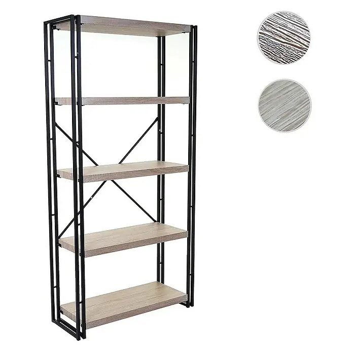 Berlinlodge Holzregal Bücherregal - H x B x T: 165 x 80 x 30 cm, Anzahl Böden: 5 Stk., Aufstellen, Eiche - Ein stilvolles Bücherregal mit fünf hellen Holzablagen und einem robusten, schwarzen Metallgestell. Perfekt für jedes moderne Wohnzimmer.