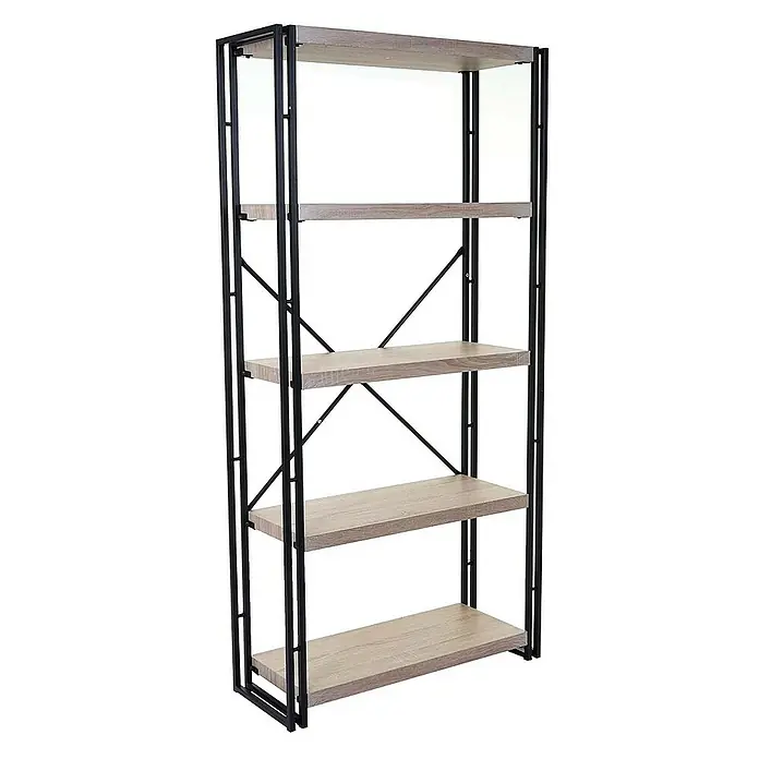 Berlinlodge Holzregal Bücherregal - H x B x T: 165 x 80 x 30 cm, Anzahl Böden: 5 Stk., Aufstellen, Eiche - Ein Regal mit fünf Regalböden aus hellem Holz und einem stabilen, schwarzen Metallrahmen. Ideal für Bücher und Dekoration.