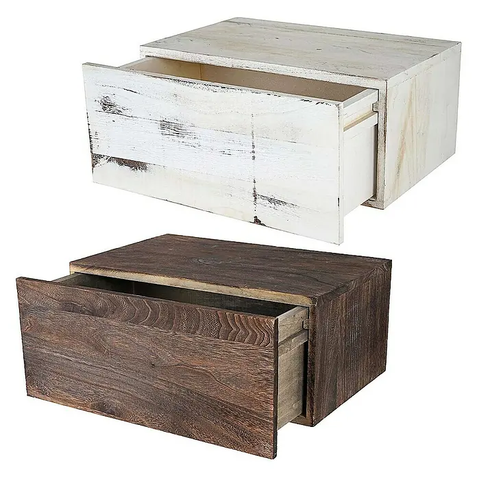 Berlinlodge Holzregal Wandregal - H x B x T: 21 x 46 x 30 cm, Anzahl Böden: 1 Stk., Einhängen, Weiß - Zwei rustikale Nachttische mit Schubladen in Weiß und Dunkelbraun für eine charmante Schlafzimmergestaltung.