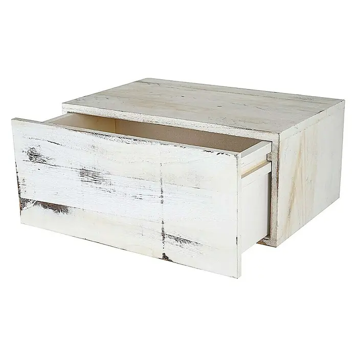 Berlinlodge Holzregal Wandregal - H x B x T: 21 x 46 x 30 cm, Anzahl Böden: 1 Stk., Einhängen, Weiß - Elegantes weiß gewaschenes Nachtkästchen mit Schublade für zusätzlichen Stauraum und eine charmante, rustikale Note.