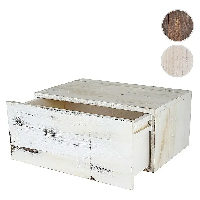 Berlinlodge Holzregal Wandregal - H x B x T: 21 x 46 x 30 cm, Anzahl Böden: 1 Stk., Einhängen, Weiß - Detailaufnahme eines weißen Holzschranks mit offener Schublade und zwei Farbmustern.