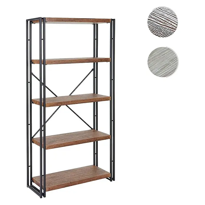 Berlinlodge Holzregal Bücherregal - H x B x T: 165 x 80 x 30 cm, Anzahl Böden: 5 Stk., Aufstellen, Wildeiche - Regal mit fünf Ebenen und schwarzem Metallgestell. Vielseitig und dekorativ, ideal für Wohnzimmer, Schlafzimmer oder Büro.