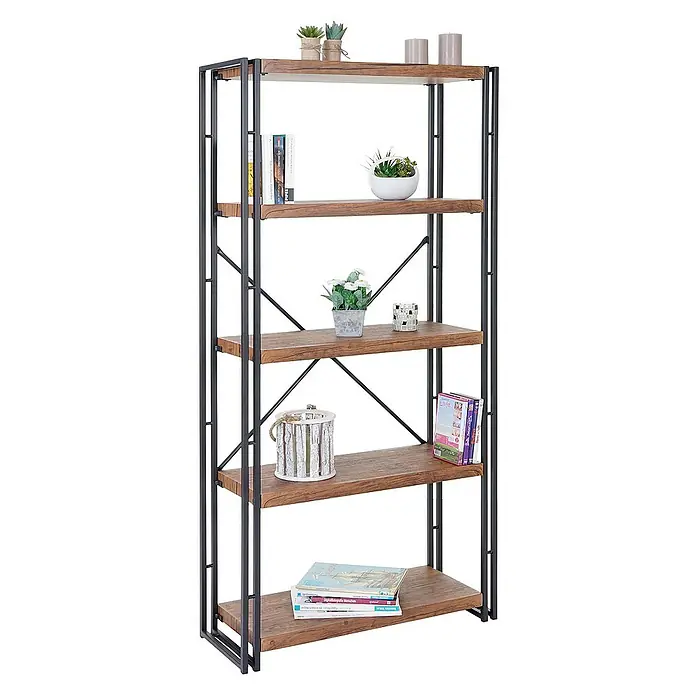 Berlinlodge Holzregal Bücherregal - H x B x T: 165 x 80 x 30 cm, Anzahl Böden: 5 Stk., Aufstellen, Wildeiche - Das elegante Bücherregal mit Holzregalen und einem schwarzen Metallrahmen bietet stilvollen Stauraum für Bücher und Dekorationsartikel.