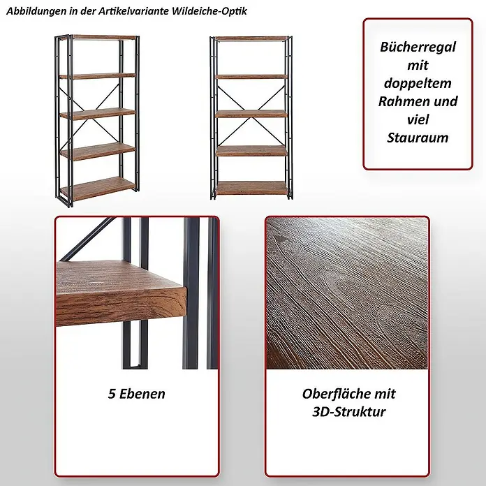 Berlinlodge Holzregal Bücherregal - H x B x T: 165 x 80 x 30 cm, Anzahl Böden: 5 Stk., Aufstellen, Wildeiche - Abbildungen eines Bücherregals in Wildeiche-Optik mit doppeltem Rahmen, viel Stauraum, 5 Ebenen und 3D-Struktur der Oberfläche.