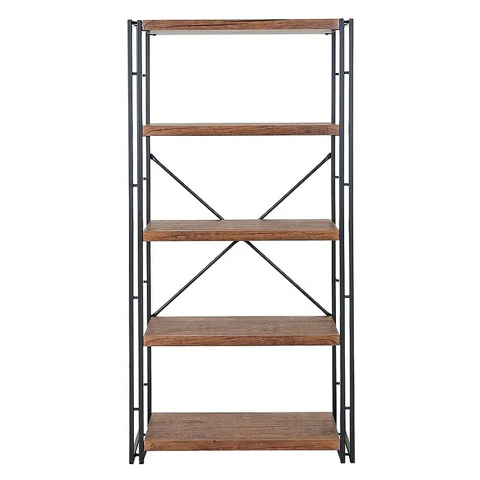 Berlinlodge Holzregal Bücherregal - H x B x T: 165 x 80 x 30 cm, Anzahl Böden: 5 Stk., Aufstellen, Wildeiche - Ein schlichtes Regal mit fünf Holzfächern und einem dunklen Metallrahmen. Perfekt für Wohnzimmer, Büro oder jeden Raum zur Aufbewahrung.