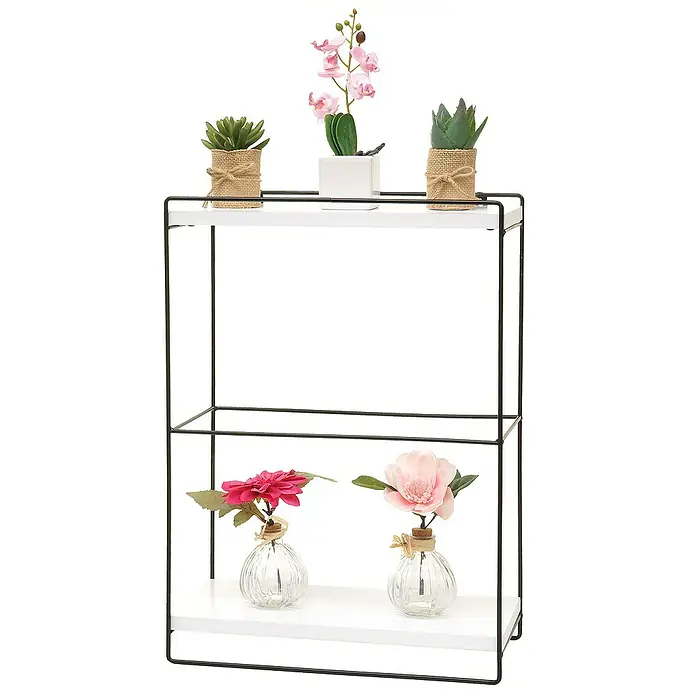 Berlinlodge Holzregal Wandregal - H x B x T: 50 x 35 x 17 cm, Anzahl Böden: 2 Stk., Einhängen, Weiß - Dekoratives Regal mit zwei Ebenen, geschmückt mit Kunstpflanzen und Blumen, ideal für Wohnaccessoires.