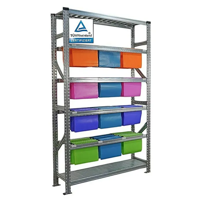 Proregal Registraturregal PROXIMO 1x Grundregal + 3x Anbauregal - H x B x T: 200 x 120 x 32 cm, Stecken, Verzinkt - Regal mit farbigen Hängeordnern. Das Metallregal mit TÜV Rheinland Zertifizierung ist mit Ordnern in Orange, Blau, Pink, Grün und Violett gefüllt.