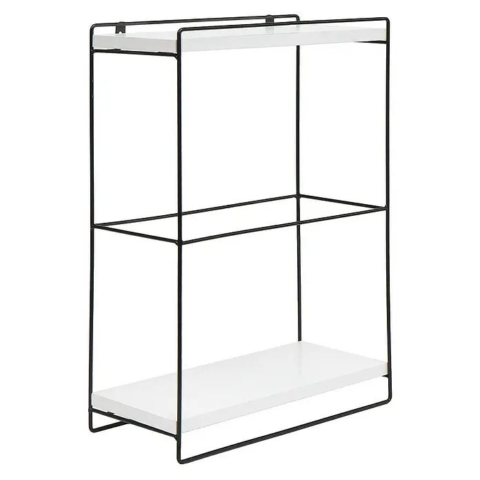 Berlinlodge Holzregal Wandregal - H x B x T: 50 x 35 x 17 cm, Anzahl Böden: 2 Stk., Einhängen, Weiß - Ein minimalistisches Regal mit zwei weißen Ablagen und einem schlanken, schwarzen Metallgestell, perfekt für moderne Wohnräume.