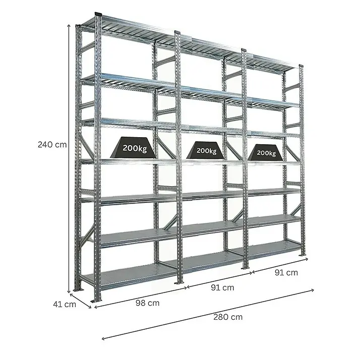 Proregal Metallregal Fachbodenregal PROXIMO 1x Grundregal + 2x Anbauregal - H x B x T: 240 x 90 x 40 cm, Traglast pro Boden: 200 kg, Anzahl Böden: 7 Stk., Stecken, Verzinkt - Ein dreiteiliges, graues Metallregal mit mehreren Regalböden, beladen mit Gewichten, und Größenangaben.