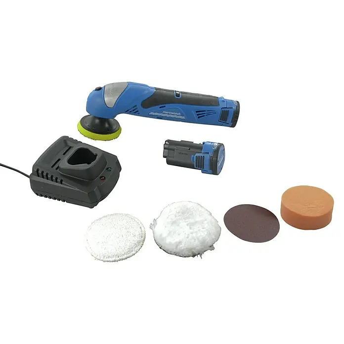 Marinetech Set de pulidora de batería y lijadora - 12 V, Iones de litio, 1,3 Ah, Número de revoluciones de marcha en vacío: 0 r.p.m. - 3.000 r.p.m. - Pulidora inalámbrica Marinetech con cargador, batería y diversas almohadillas de pulido para acabado de superficies.