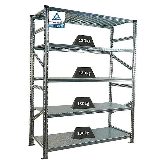 Proregal Metallregal Fachbodenregal PROXIMO Grundregal - Traglast pro Boden: 130 kg, Anzahl Böden: 5 Stk., Stecken, Verzinkt - Metallregal mit vier Ebenen, auf denen jeweils 130 kg schwere Gewichte liegen. Das Regal ist TÜV-Rheinland zertifiziert.