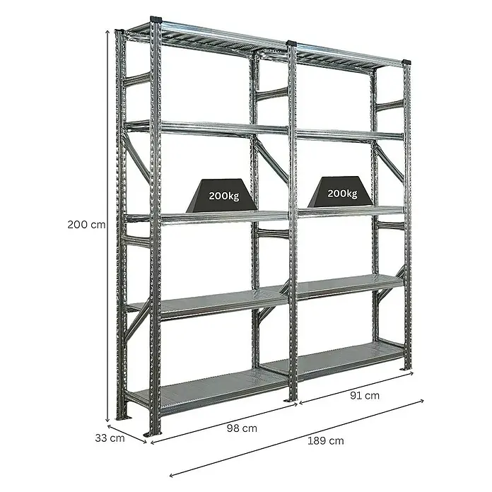 Proregal Metallregal Fachbodenregal PROXIMO 1x Grundregal + 1x Anbauregal - Traglast pro Boden: 200 kg, Anzahl Böden: 5 Stk., Stecken, Verzinkt - Produktabbildung eines Schwerlastregals mit den Maßen 200x98x33 cm und einer Belastbarkeit von 200 kg pro Ebene.