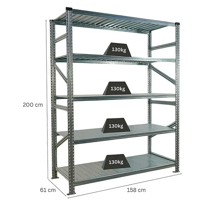 Proregal Metallregal Fachbodenregal PROXIMO Grundregal - Traglast pro Boden: 130 kg, Anzahl Böden: 5 Stk., Stecken, Verzinkt - Schwerlastregal mit fünf Ebenen und Gewichtsangaben.
