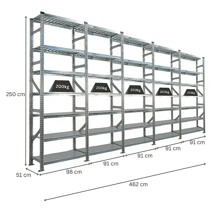 Proregal Metallregal Fachbodenregal PROXIMO 1x Grundregal + 4x Anbauregal - Traglast pro Boden: 200 kg, Anzahl Böden: 7 Stk., Stecken, Verzinkt - Aufnahme eines robusten, mehrstöckigen Metallregals mit Gewichtsangaben und Abmessungen für den industriellen oder gewerblichen Gebrauch.