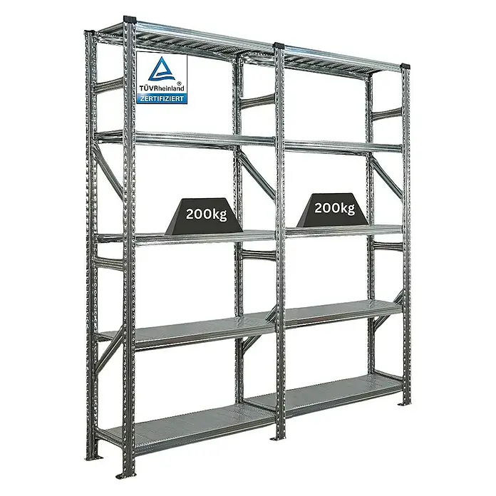 Proregal Metallregal Fachbodenregal PROXIMO 1x Grundregal + 1x Anbauregal - Traglast pro Boden: 200 kg, Anzahl Böden: 5 Stk., Stecken, Verzinkt - Metallregal mit TÜV-Zertifizierung und Gewichtsangabe.