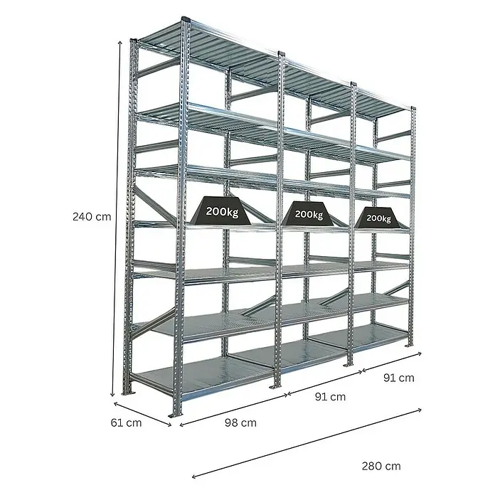 Proregal Metallregal Fachbodenregal PROXIMO 1x Grundregal + 2x Anbauregal - H x B x T: 240 x 90 x 60 cm, Traglast pro Boden: 200 kg, Anzahl Böden: 7 Stk., Stecken, Verzinkt - Ansicht eines verzinkten Schwerlastregals mit mehreren Ebenen und Gewichtsangaben zur Illustration der Tragfähigkeit.