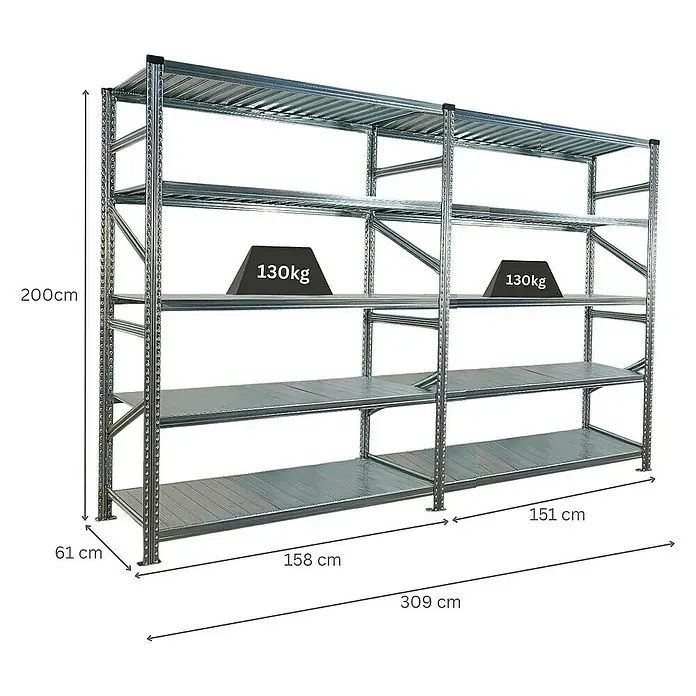 Proregal Metallregal Fachbodenregal PROXIMO 1x Grundregal + 1x Anbauregal - Traglast pro Boden: 130 kg, Anzahl Böden: 5 Stk., Stecken, Verzinkt - Lagerregal mit vier Ebenen und Gewichtsangabe, ideal für Lagerung.