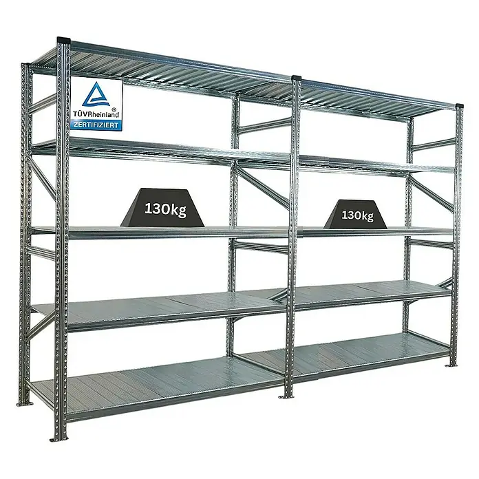 Proregal Metallregal Fachbodenregal PROXIMO 1x Grundregal + 1x Anbauregal - Traglast pro Boden: 130 kg, Anzahl Böden: 5 Stk., Stecken, Verzinkt - Bild eines Schwerlastregals aus Metall mit mehreren Ebenen, einige davon mit Gewichten von 130 kg belastet.\n