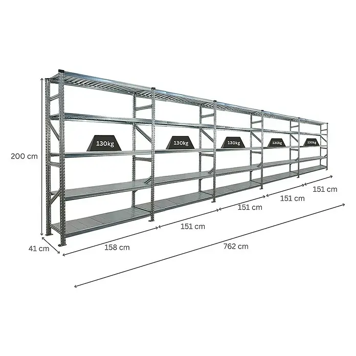 Proregal Metallregal Fachbodenregal PROXIMO 1x Grundregal + 4x Anbauregal - Traglast pro Boden: 130 kg, Anzahl Böden: 5 Stk., Stecken, Verzinkt - Ein langes, graues Metallregal mit mehreren Regalböden und Gewichtsangaben zur Veranschaulichung der Belastbarkeit.