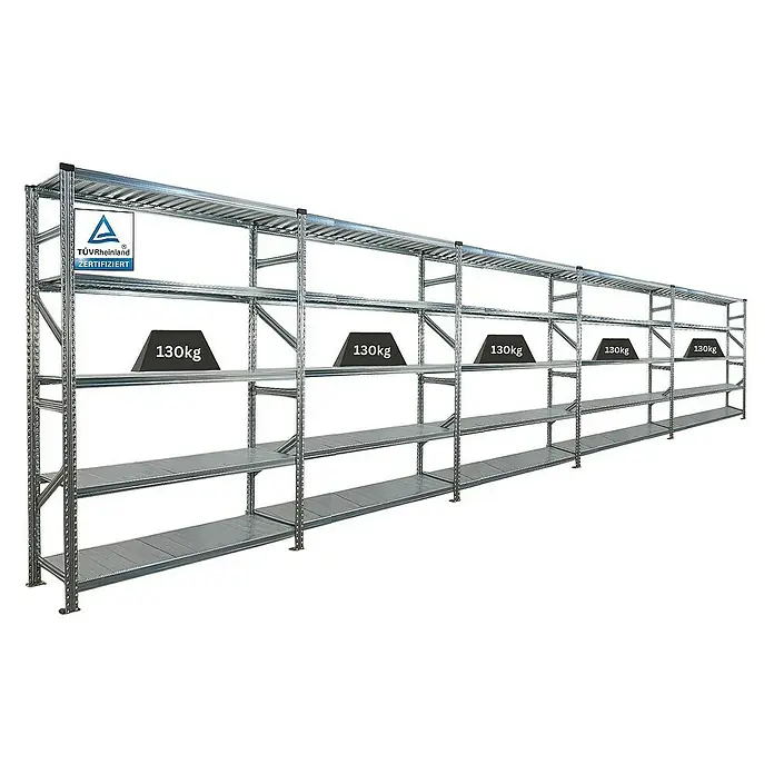 Proregal Metallregal Fachbodenregal PROXIMO 1x Grundregal + 4x Anbauregal - Traglast pro Boden: 130 kg, Anzahl Böden: 5 Stk., Stecken, Verzinkt - Stabiles, modulares Schwerlastregal mit mehreren Ebenen und einer Belastbarkeit von 130kg pro Ebene.
