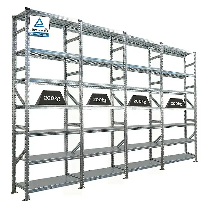 Proregal Metallregal Fachbodenregal PROXIMO 1x Grundregal + 3x Anbauregal - Traglast pro Boden: 200 kg, Anzahl Böden: 7 Stk., Stecken, Verzinkt - Metallregal mit vier Ebenen und je 200kg Traglast. Geeignet für Lager und Werkstatt, TÜV-Rheinland zertifiziert.
