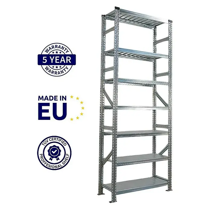 Proregal Metallregal Fachbodenregal PROXIMO 1x Grundregal + 3x Anbauregal - Traglast pro Boden: 200 kg, Anzahl Böden: 7 Stk., Stecken, Verzinkt - Ein hochauflösendes Bild eines Metallregals mit mehreren Ebenen, ideal für Lagerzwecke, mit Garantie- und Herkunftssiegeln.