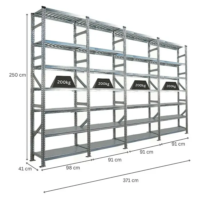 Proregal Metallregal Fachbodenregal PROXIMO 1x Grundregal + 3x Anbauregal - Traglast pro Boden: 200 kg, Anzahl Böden: 7 Stk., Stecken, Verzinkt - Das Bild zeigt ein Schwerlastregal aus Metall mit fünf Böden, das mit Gewichten von 200 kg pro Fach belastet ist und eine Höhe von 250 cm hat.