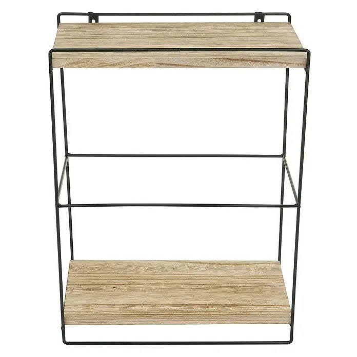 Berlinlodge Holzregal Wandregal - H x B x T: 50 x 35 x 17 cm, Anzahl Böden: 2 Stk., Einhängen, Natur - Wandregal mit zwei Holzablagen und einem minimalistischen, schwarzen Metallrahmen für stilvolle Wanddekoration und praktische Aufbewahrung.