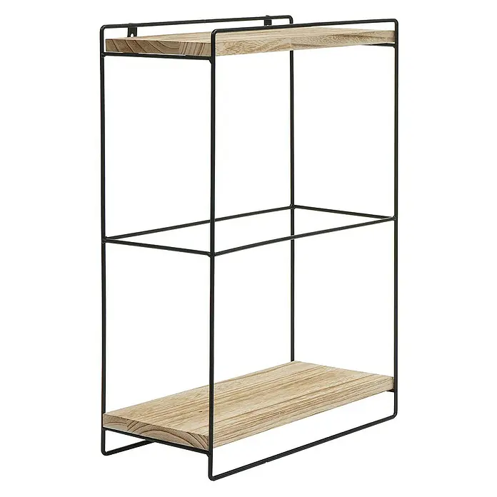 Berlinlodge Holzregal Wandregal - H x B x T: 50 x 35 x 17 cm, Anzahl Böden: 2 Stk., Einhängen, Natur - Regal mit zwei Holztabletts in einem schwarzen Metallrahmen. Praktisch und modern, ideal für Wohnraum oder Bad.