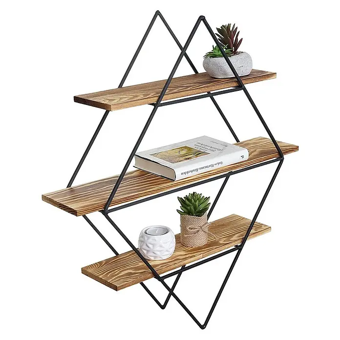 Berlinlodge Holzregal Wandregal rautenförmig - H x B x T: 60 x 55 x 12 cm, Anzahl Böden: 3 Stk., Einhängen, Braun - Das dekorative Hängeregal mit drei Ebenen und minimalistischem Design bietet vielseitigen Stauraum für kleine Gegenstände und Pflanzen.