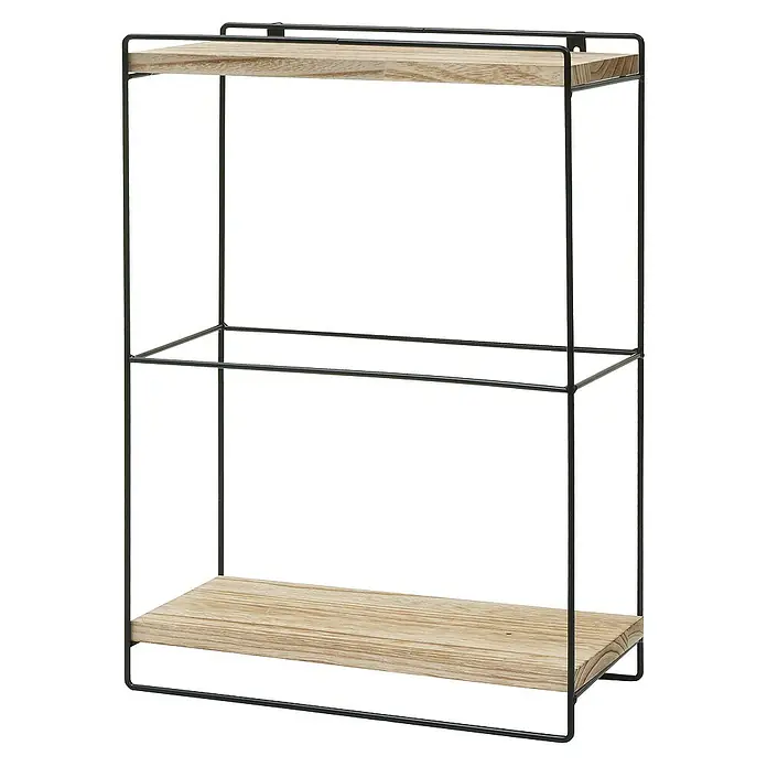 Berlinlodge Holzregal Wandregal - H x B x T: 50 x 35 x 17 cm, Anzahl Böden: 2 Stk., Einhängen, Natur - Ein modernes Regal mit zwei Holzebenen und einem schlanken, schwarzen Metallgestell, das eine stilvolle Aufbewahrungslösung bietet.
