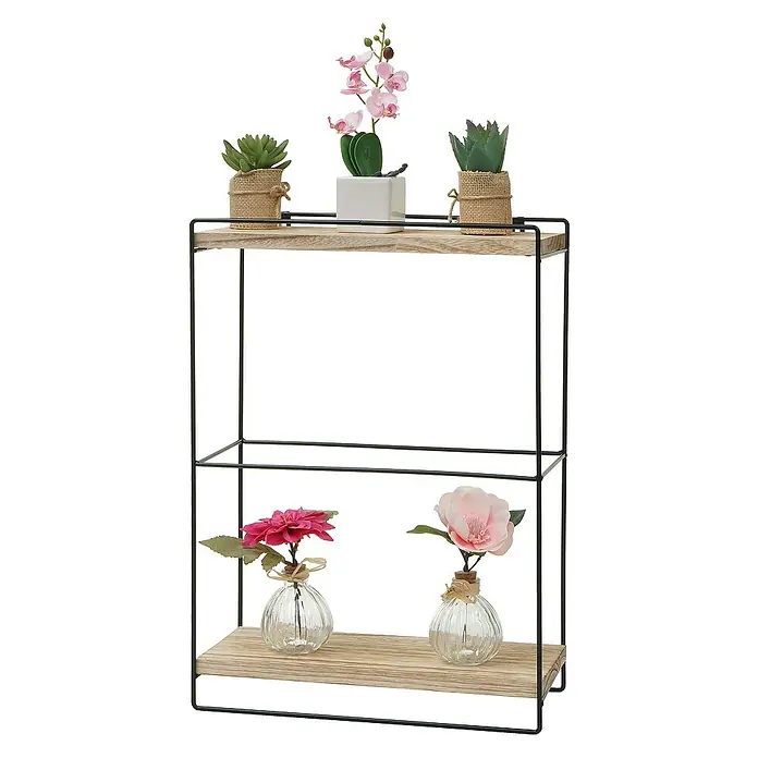 Berlinlodge Holzregal Wandregal - H x B x T: 50 x 35 x 17 cm, Anzahl Böden: 2 Stk., Einhängen, Natur - Das Produkt ist ein zweistufiges Wandregal mit dekorativen Pflanzen und Blumen, ideal für die stilvolle Aufbewahrung und Präsentation von Deko-Elementen.