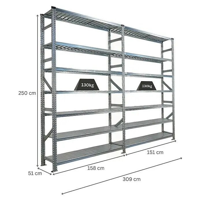 Proregal Metallregal Fachbodenregal PROXIMO 1x Grundregal + 1x Anbauregal - Traglast pro Boden: 200 kg, Anzahl Böden: 7 Stk., Stecken, Verzinkt - Metallregal mit 6 Regalböden, ideal für Lager und Werkstatt, mit Gewichtsangabe 130 kg. Abmessungen: 250 x 309 x 51 cm.
