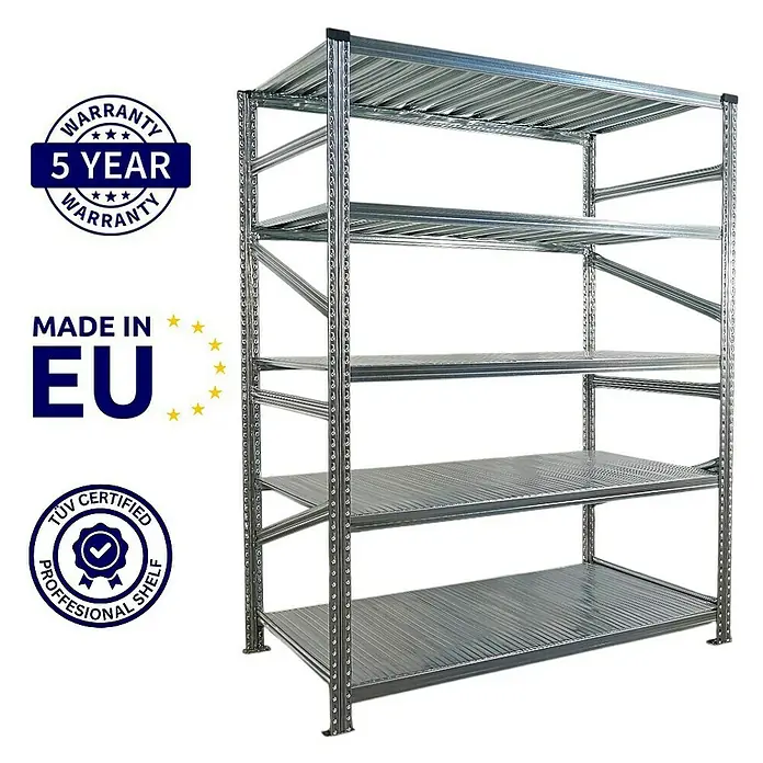 Proregal Metallregal Fachbodenregal PROXIMO 1x Grundregal + 2x Anbauregal - Traglast pro Boden: 130 kg, Anzahl Böden: 5 Stk., Stecken, Verzinkt - Bild eines Metallregals mit fünf Ebenen, ideal für Lagerung und Organisation. Robuste Konstruktion für hohe Belastbarkeit.