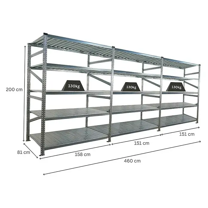 Proregal Metallregal Fachbodenregal PROXIMO 1x Grundregal + 2x Anbauregal - Traglast pro Boden: 130 kg, Anzahl Böden: 5 Stk., Stecken, Verzinkt - Ein Bild von einem silberfarbenen Schwerlastregal mit mehreren Regalböden, auf denen Gewichte platziert sind, mit Maßangaben.
