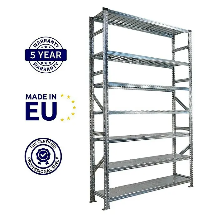 Proregal Metallregal Fachbodenregal PROXIMO 1x Grundregal + 1x Anbauregal - Traglast pro Boden: 200 kg, Anzahl Böden: 7 Stk., Stecken, Verzinkt - Hochregal mit verzinkten Metallregalen und Garantie für Lager und Werkstatt.