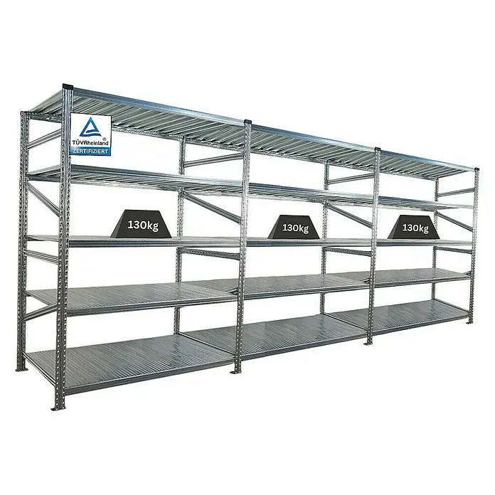 Proregal Metallregal Fachbodenregal PROXIMO 1x Grundregal + 2x Anbauregal - Traglast pro Boden: 130 kg, Anzahl Böden: 5 Stk., Stecken, Verzinkt - Das Bild zeigt ein Schwerlastregal mit verzinkten Böden, ideal für Lagerung. Die Regale sind mit 130 kg beschwert und TÜV-Rheinland zertifiziert.