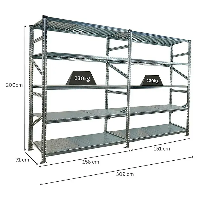 Proregal Metallregal Fachbodenregal PROXIMO 1x Grundregal + 1x Anbauregal - Traglast pro Boden: 130 kg, Anzahl Böden: 5 Stk., Stecken, Verzinkt - Abbildung eines verzinkten Schwerlastregals mit fünf Regalböden und Gewichtsangaben.