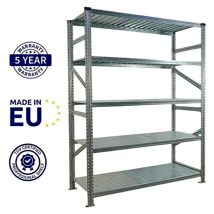Proregal Metallregal Fachbodenregal PROXIMO 1x Grundregal + 1x Anbauregal - Traglast pro Boden: 130 kg, Anzahl Böden: 5 Stk., Stecken, Verzinkt - Silbernes Schwerlastregal mit fünf Ebenen für Lagerung und Organisation mit 5 Jahren Garantie.